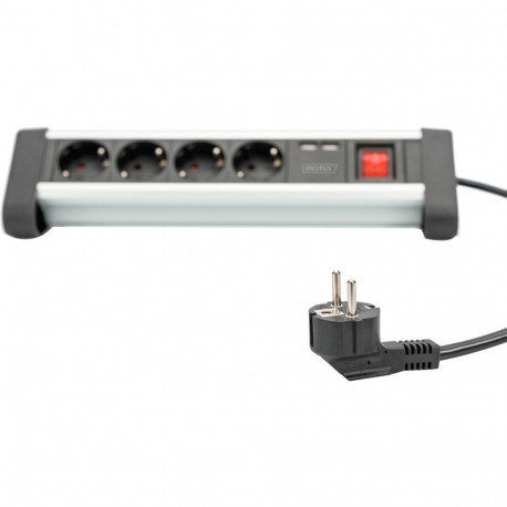 Kontori pistikupesa 4-kohaline 2x USB 1,5m kaabel lüliti, hõbe/must