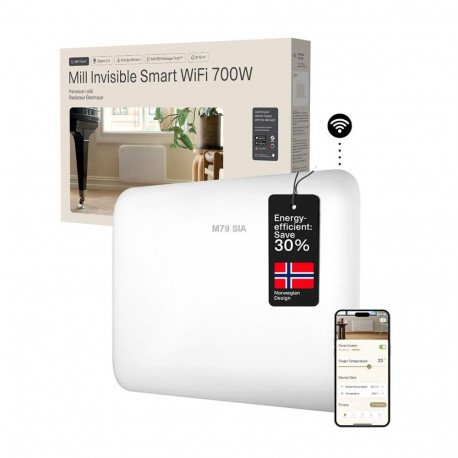 Mill paneelradiaator Invisible PA700WIFI4 700W nutikas WiFi IPX4 sobib ruumidele kuni 9-12m, valge