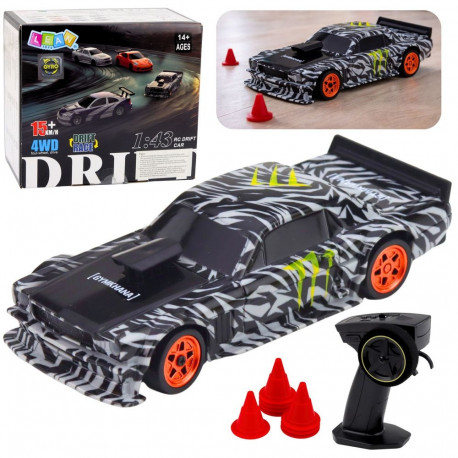 Kaugjuhitav RC drifti sportauto 15km/h 1:43 koonustega, must