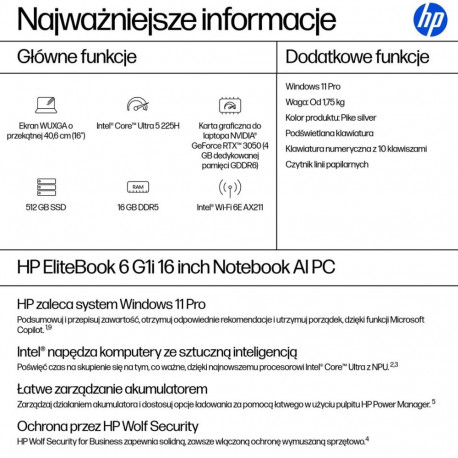 Laptop Computer - HP EliteBook 6 G1i AI PC, Intel Core Ultra 5 225H, 16 GB DDR5, 16" WUXGA, Silver