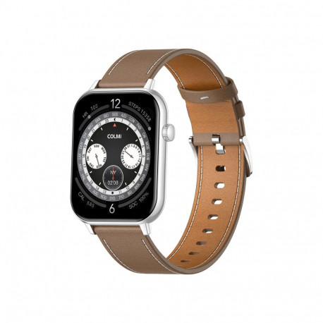 COLMI C28 Smartwatch – Silver + Brown Leather Strap