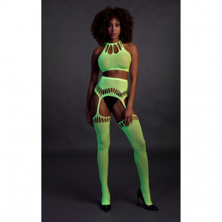 Two Piece with Crop Top and Stockings - One Size - Neon Green