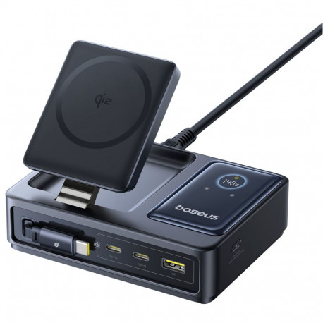 Baseus juhtmevaba laadija NOMOS 140W Qi2 5w1 keritava USB-C-kaabliga ja digitaalekraaniga, must