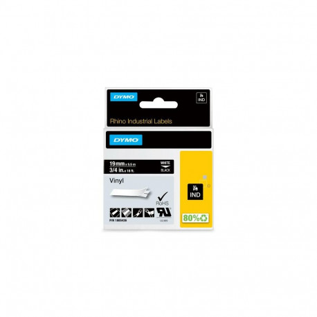 DYMO Rhino Industrial Vinyl Labels | 19 mm x 5.5 m | White Print on Black | Self-Adhesive | for Labe