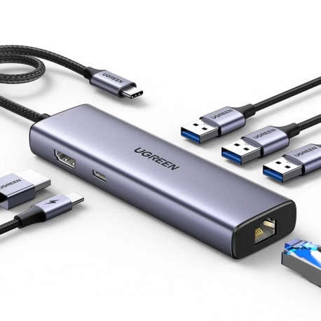 Ugreen CM512 6-in-1 USB hub | USB-C to 3x USB 3.0, HDMI, RJ45, USB-C | 100W | gray