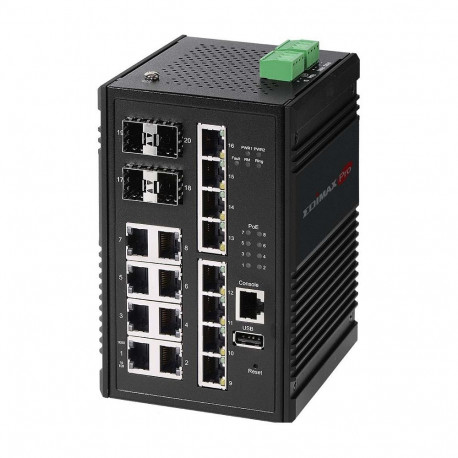 "EDIMAX Switch Industrial 16-Port Gig. PoE+ WebM. 8xPoE+/4xSF"