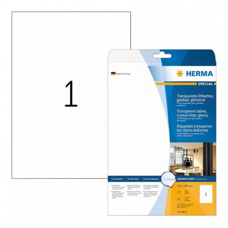 Herma etiketid A4 210x297mm läikiv kile 25tk, läbipaistvad