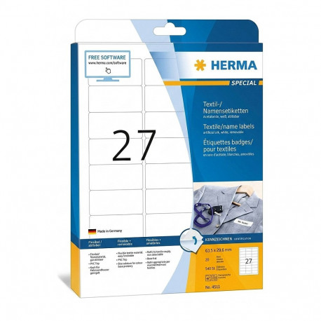 "HERMA Textil/Namensetiketten A4 63,5x29,6mm weiß 540St."
