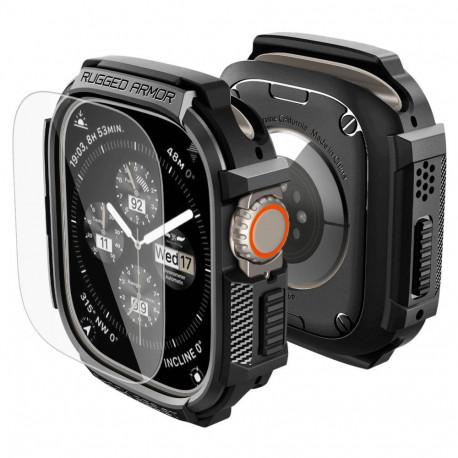 SPIGEN RUGGED ARMOR & TEMPERED GLASS APPLE WATCH ULTRA 1 / 2 / 3 / 4 (49 MM) MATTE BLACK