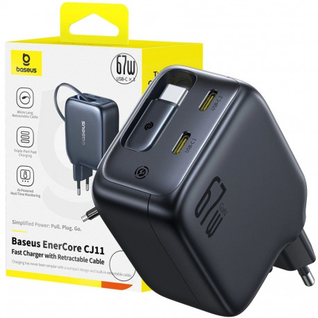 Sienas atrais ladetajs EnerCore CJ11 67W 2xUSB-C ar ievelkamu USB-C kabeli 0 8 m  melns (69321726964
