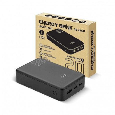 Power Bank - everActive 20000mAh Powerbank, 1x USB, 2x USB-C, 20W, QC4+ Black