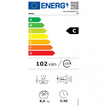 Midea Dryer Machine | MD205H80BW/W-BK | Energy efficiency class C | 8 kg | Depth 60 cm