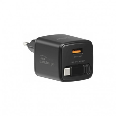 Swissten SlideCHARGE Power Charger GaN 30W USB-A 18W With retractable USB-C cable 0.75m black