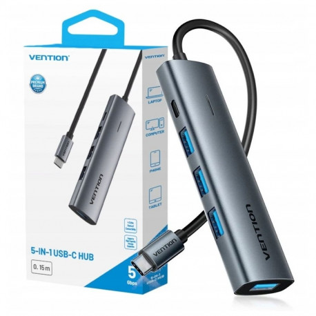 USB Hub - Vention Hub 5v1 USB-C 3.0 4x USB-A 5000 Mbit/s Aluminium