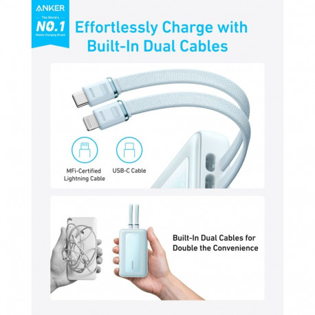 Akupank Anker 10 000mAh, 30W, USB-C + Lightning kaabel, sinine