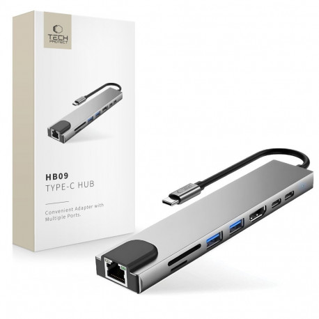 TECH-PROTECT HB09 HUB ADAPTER 8IN1 TYPE-C + USB-A3.0 + USB-C3.0 + HDMI 4K 60HZ + SD/TF + PD100W + RJ