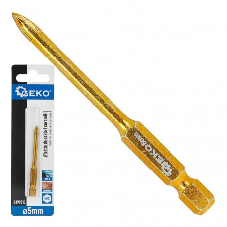 Geko Drill for Glass and Ceramic G39701E, 5mm, 1/4" HEX, 4 tungsten carbide cutting edges, precise g