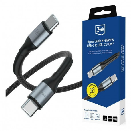3mk USB-C-USB-C-kaabel Hyper Cable N-SERIES 3m PD 3.0 QC 3.0 20V/5A 100W, must (5903108758208)