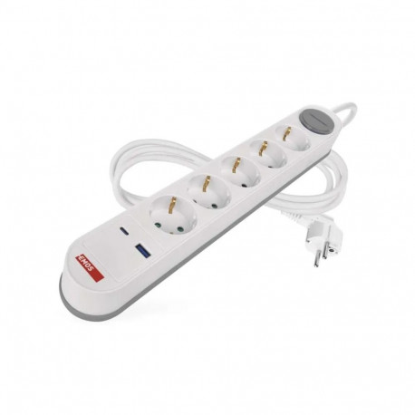 Pikendusjuhe 3 m / 5 pesa / lüliti / valge-hall / 1×USB-A + 1×USB-C / 1,5 mm2