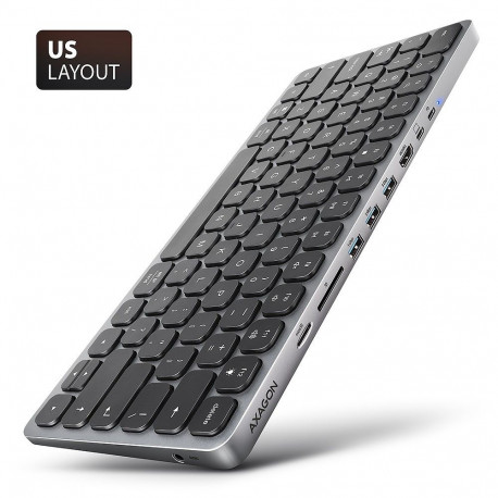 AXAGON klaviatuur HMC-KB USB-C 5Gbps USB-hub microSD/SD 3x USB-A HDMI 4K/60Hz PD 100W heli US-paigut