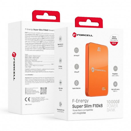 Powerbank compatible with MagSafe Forcell F-Energy SuperSlim F10K8 QC4.0 PD3.0 15W 10000 mAh orange