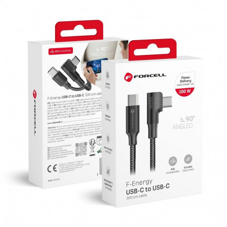 Cable USB C to USB C Forcell F-Energy QC4.0 PD 5A 100W Cafule 90° 2 m CC-1Deg black