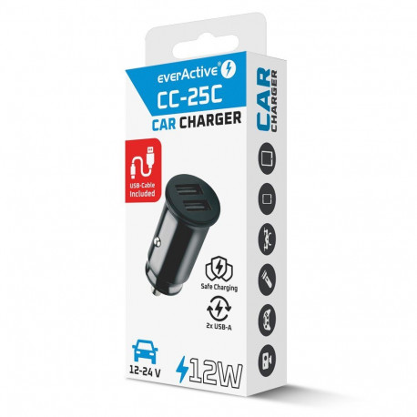 Car Charger - everActive CC-25 12W Dual USB-A Ports With USB-C Cable LED, Black