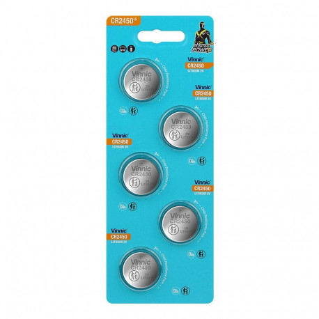 Battery - Vinnic CR2450 Lithium Button Cell, 24.5mm x 5.0mm, Silver, 5 Pcs