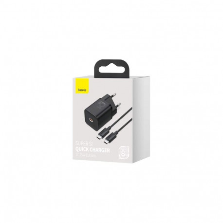Baseus Travel Charger set Super Si 1C QC (With Mini Black Cable Type-C to Type-C 3A 1m) 25W EU Black