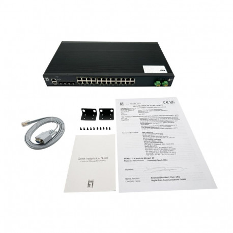 LevelOne lüliti 28-pordiline L2 Plus haldatav PoE tööstuslik 4 x 1/2.5/10GbE SFP+ 24 PoE väljundit 3