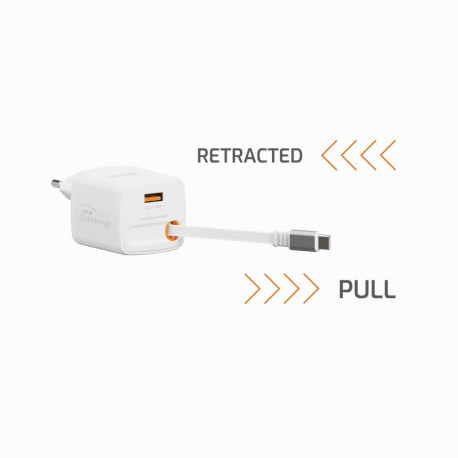 Swissten SlideCHARGE Power Charger GaN 45W USB-A 18W With retractable USB-C cable 0.75m white