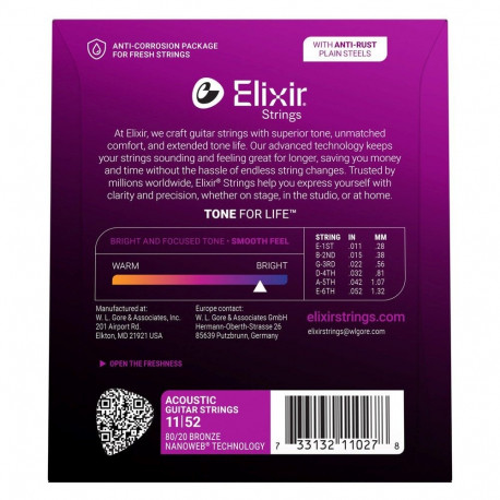 Acoustic Guitar String Set - Elixir Strings 11027 Custom Light NW 11-52 Bronze