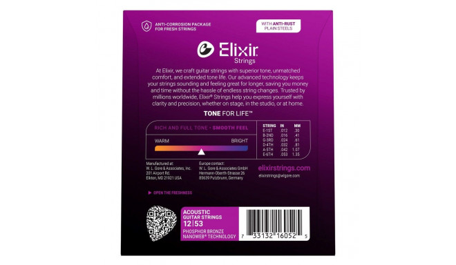 Acoustic Guitar String - Elixir 16052 Phosphor Bronze Light 12-53