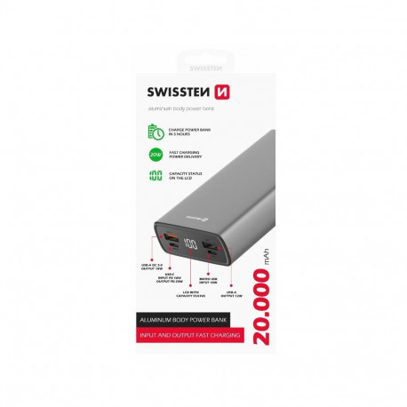 Swissten Aluminium Power Power Bank 2xUSB / USB-C / Micro USB / 20W / 20000 mAh