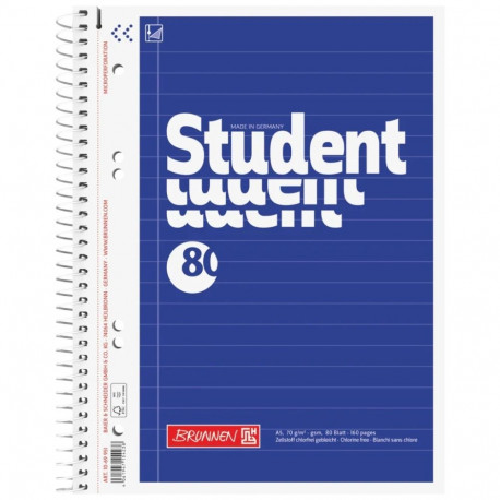 Kaustik A5 80l. jooneline Student spiraalköide 6-ne augustus rebitavad lehed Brunnen, sinine, FSC MI