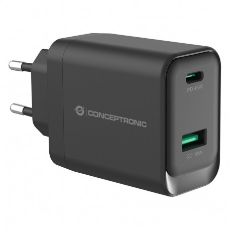 CONCEPTRONIC laadija 2Port GaN USB-C/-A 45WPD3.0/PPS, must