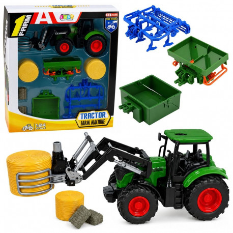 Põllumajanduskomplekt traktor heinapakkide haarajaga ja heinhaagised 1:24