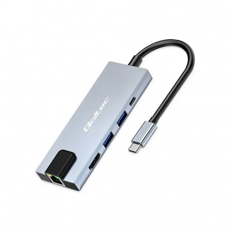 Qoltec 53795 jaoturi adapter USB-C 5in1 | USB-C PD 100W | 2x USB | HDMI 4K | RJ45