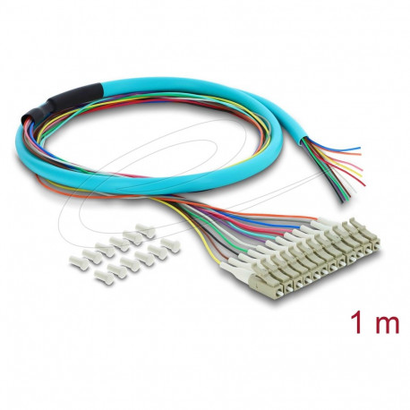 "LWL Pigtail Fanout Kabel 12 x LC-UPC Simplex Stecker zu 12 x offenes Kabelende 1 m"
