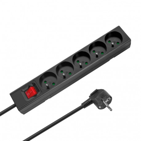Rebel pikendusjuhe 5-pesaga 5m prantsuse tüüpi pistikutega lülitiga (3x1,5mm), must