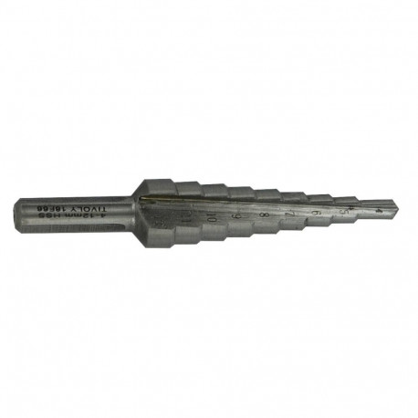Step drill Ø4-12 mm, HSS. Step 1 mm. Straight flute. Bright, uncoated. T-Line