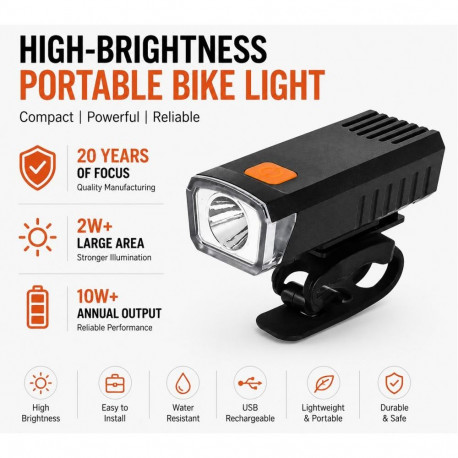 iLike USB Rechargeable Bike Front Light, JH420 High Brightness LED Bicycle Headlight, IP65 Waterproo