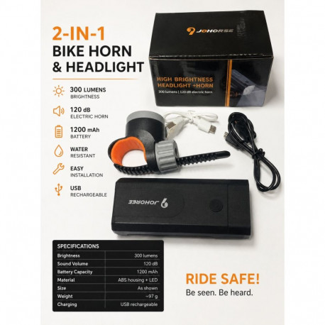 iLike JOHORSE Bike Headlight & Electric Horn 300 Lumens, 120dB, USB Rechargeable