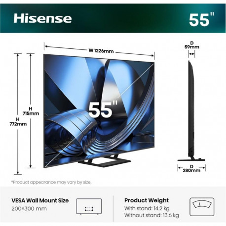 Hisense nutiteler 55U7SE 139.7cm (55") 4K Ultra HD Wi-Fi, must