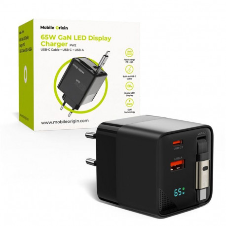 Mobile Origin laadija 65W GaN keritava USB-C-kaabliga + USB-A 75cm
