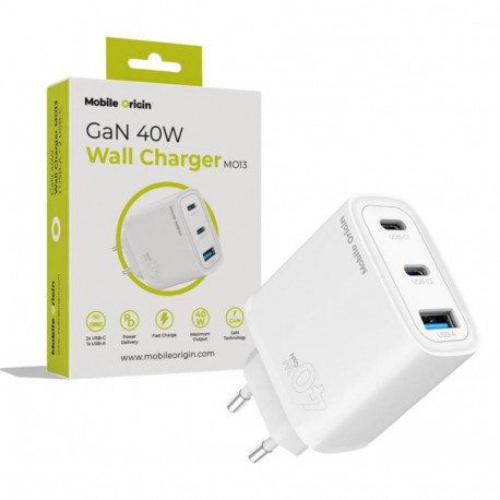 Mobile Origin laadija MO13 40W GaN 1x USB-A + 2x USB-C, valge