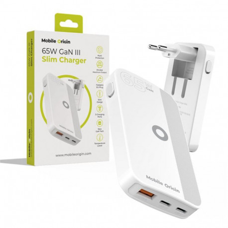 Mobile Origin laadija 65W GaN õhuke kahe USB-C- ja ühe USB-A-portiga, valge