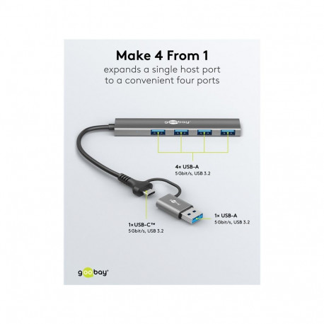 Dokkimisjaam GOOBAY Standard 2-in-1 Slim 4-Port USB Hub, 5 Gbit/s