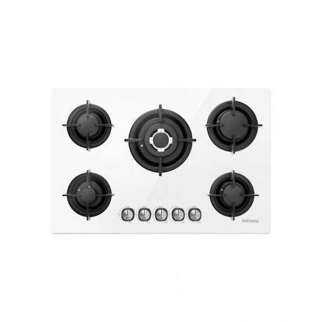 Home & Kitchen Appliance - IsEasy MGBG-775 Built-In Gas Hob, 5 Burners, Glass Surface, White