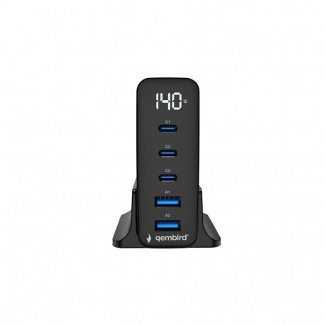 Universaalne laadija GaN 140W LCD 3xUSB-C 2xUSB-A, must
